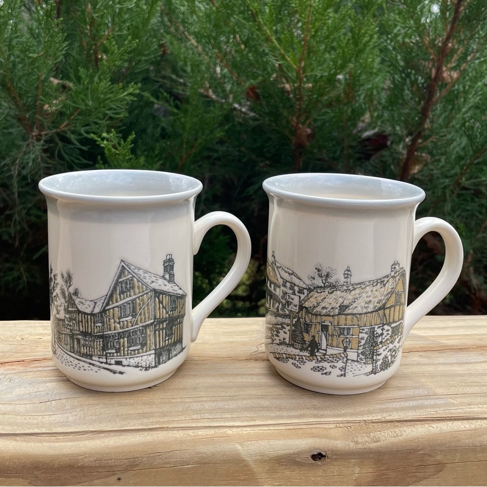 Biltons Rustic Village Scene Ceramic Mugs - Set of 2